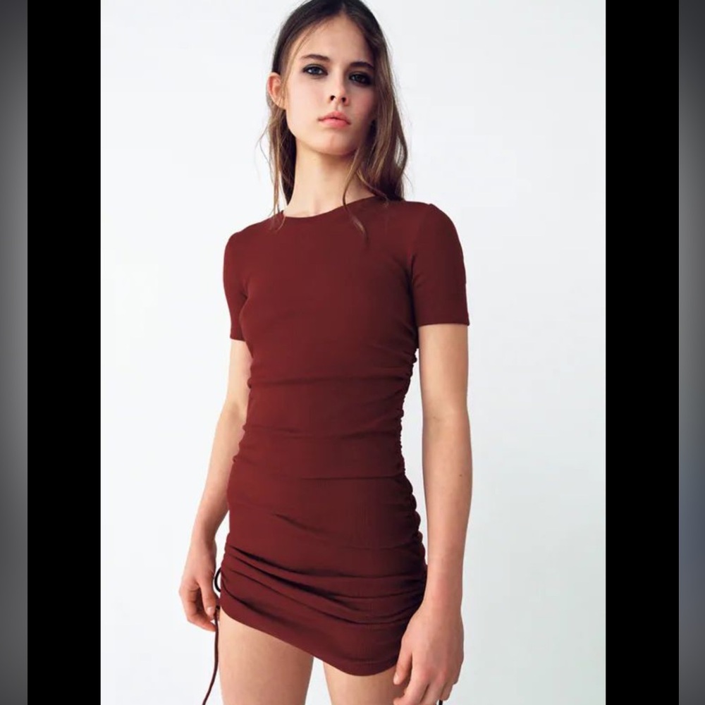 Zara Red Ribbed Ruched Mini Dress